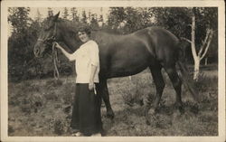 Woman Holding Horse's Reins Near Trees Horses Postcard Postcard Postcard