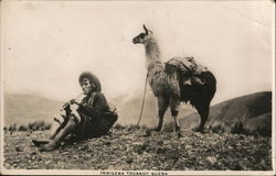 Indigena Tocando Quena, Llama Postcard Postcard Postcard