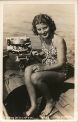 Woman in Swimsuit Steering Boat Speedboats Postcard Postcard Postcard