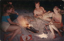 Two Young Couples Roasting Hot Dogs on the Beach Postcard Postcard Postcard