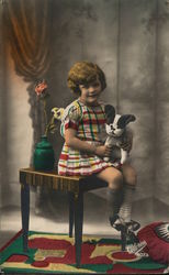 Girl with Stuffed Animal - Hand Colored Children Postcard Postcard