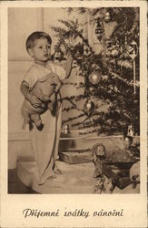 Boy with an elephant you posing with a Christmas tree Postcard