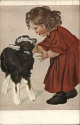 Girl and Goat Goats Postcard Postcard