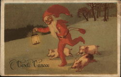 Elf Running with Piglets - Vesele Vanoce Postcard