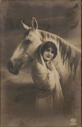 Woman Wearing Head Scarf with Horse Horses Postcard Postcard