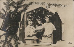 Children with Doll in Front of Tree - Frohliche Weihnachten! Postcard Postcard