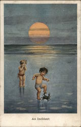 Children Playing on Beach - Crab Attached to Foot - An Incident Comic, Funny Postcard Postcard