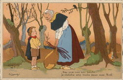 Little Boy Talking to Older Woman in Woods Children Postcard Postcard