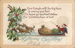 Santa's Sleigh Being Pulled by Dogs - a Joyous Christmas Santa Claus Postcard Postcard