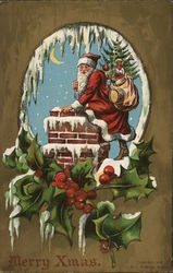 Santa Claus Climbing in Chimney - Merry Xmas Postcard Postcard