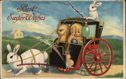 Chicks in Carriage Pulled by Bunny - Best Easter Wishes With Chicks Postcard Postcard Postcard