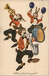 Rabbits in Matching Suits Playing Trumpet, Saxophone, Drums With Bunnies Postcard Postcard