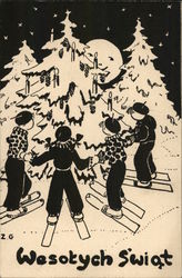 Illustration of Skiiers Gathered Around Christmas Tree - Wesotych Swiat Postcard