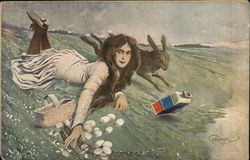 Girl and Bunny Swept by Waves With Bunnies Postcard Postcard