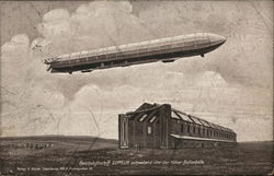 Long, Narrow Zeppelin Ascending Over Hangar Aircraft Postcard Postcard