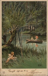 Cupid Watching Couple Rowing on River Couples Postcard Postcard