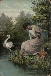 Woman Crying at Pond with Stork Women Postcard Postcard