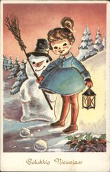 Little Girl Holding Lantern with Snowman Illustration - Gelukkig Nieuwjaar Children Postcard Postcard