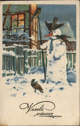 Birds on Snowman Holding Rod Postcard