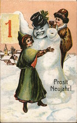 Women with Snowman - Prosit Neujahr! Postcard