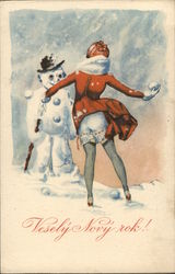 Woman with Bottom Exposed Throwing Snowball at Snowman Risque & Nude Postcard Postcard