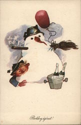 Snowman & Champagne in Bucket New Year's Postcard Postcard