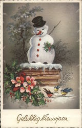 Snowman, Birds, Flowers - Gelukkig Nieuwjaar Snowmen Postcard Postcard