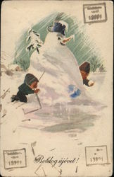 Two Children Playing Near Large Snowman Postcard