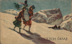 Women Skiing Down Hill with Snowman - Wesolych Swiat Snowmen Postcard Postcard