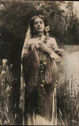 Woman with Bare Shoulders by Pond with Flowers Women Postcard Postcard