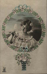 Woman with Champagne Flute in an Illustrated Floral Frame Women Postcard Postcard