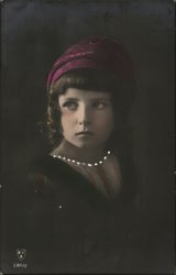 Young Girl in Fine Dress and Head Scarf - Hand Colored Girls Postcard Postcard