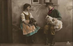 Boy and Girl with Cat and Dog - Hand Colored Postcard