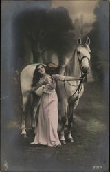 Woman in Flowing Gown with White Horse Horses Postcard Postcard