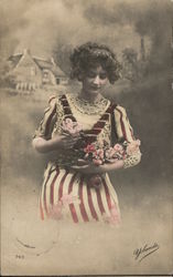 Woman in Striped Dress with Flowers Postcard