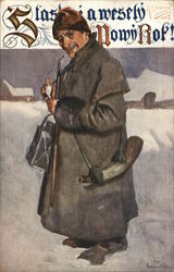 Man Wearing Overcoat and Hat Outdoors in Snow Postcard