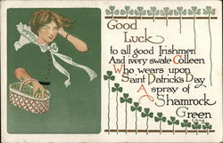 Girl with White Bonnet, Basket of Shamrocks Postcard