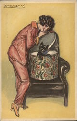 Italian Art Deco Artist LA Mauzan Woman with Dog in Hat Box Sitting on Black Chair Postcard