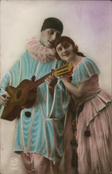 Jester Clown Couple Embracing and Playing Music Postcard