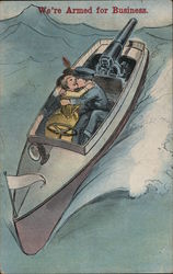 Soldier and Woman Embracing in Gun Boat Postcard