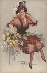 Woman with Yellow Flowers Wearing Dress and Hat Women Postcard Postcard