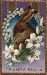 Rabbit in Ring of Flowers - A Happy Easter Postcard