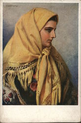 Woman Wearing Yellow Shawl over Head and Shoulders Postcard