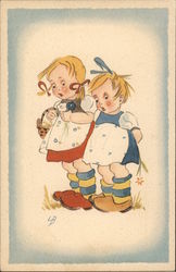 Two Little Girls with Surprised Expressions, One Carrying Basket Postcard