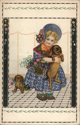 Girl in Blue Dress and Bonnet Holding Puppy Postcard