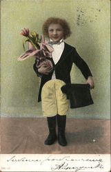 Well Dressed Boy with Top Hat and Bouquet Postcard