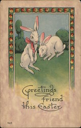 Rabbits with Bow - Greetings Friend this Easter With Bunnies Postcard Postcard