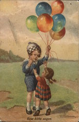 Little Boy Holding Balloon Bunch Away from Little Girl Postcard