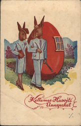 Two Rabbits Walking Past Large Egg With Bunnies Postcard Postcard