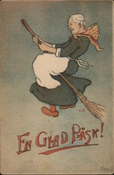 Fn Glad Pask! - Happy Easter - Witch on Broomstick Postcard